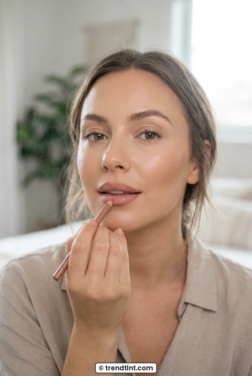 Woman applying nude lipstick with soft blurred edge and finished sculpted base
