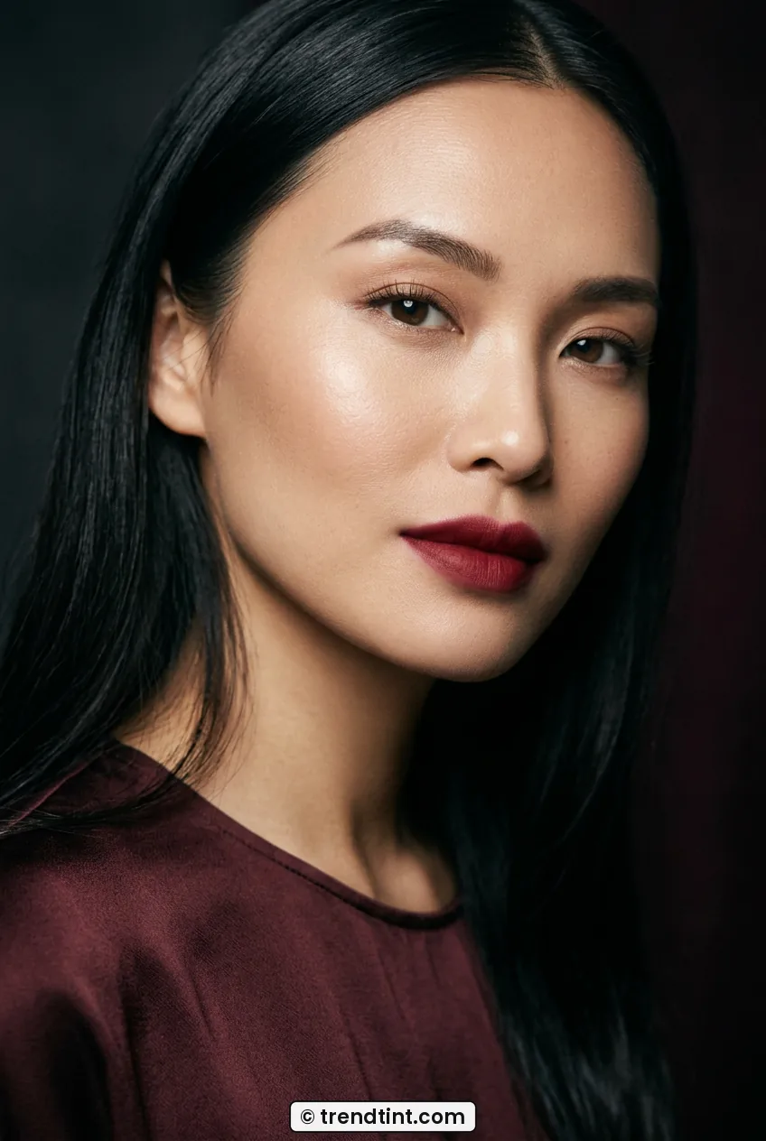 Woman with sleek dark hair showing blurred wine lips and satin skin in close-up