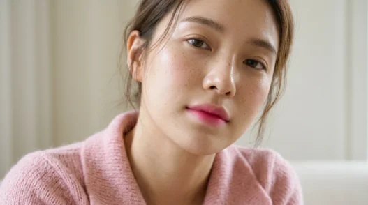 Woman wearing blurred pink gradient lips with deeper centre in soft daylight