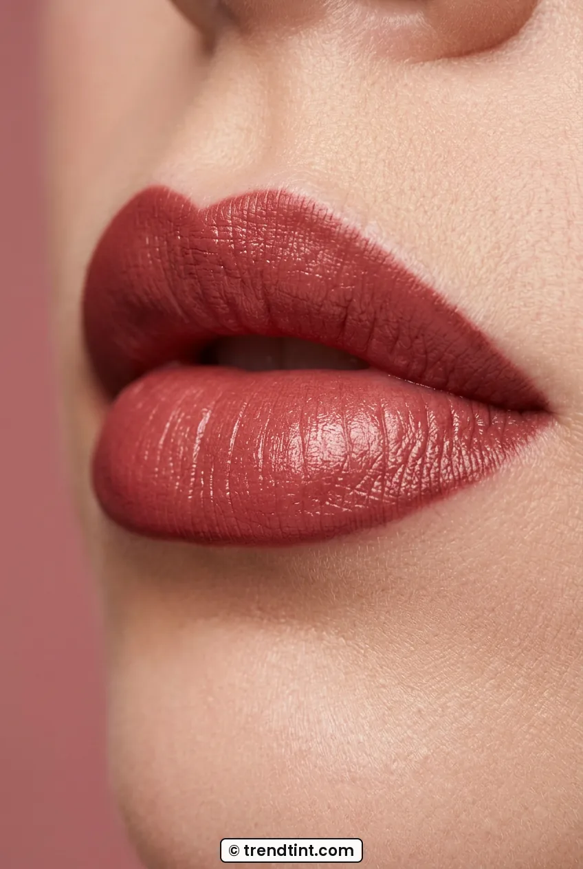 Close-up of woman lips wearing brick rose satin lipstick with soft sheen