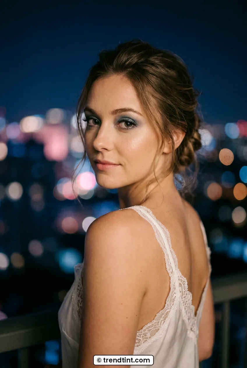 Woman over shoulder with soft bridal slate eye makeup and glowing skin