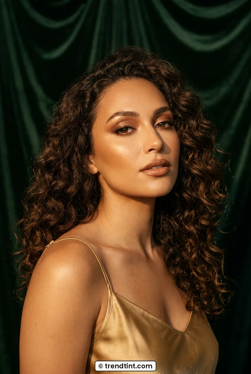 Woman with bronze eyeshadow and golden highlight and glossy nude lips in warm light