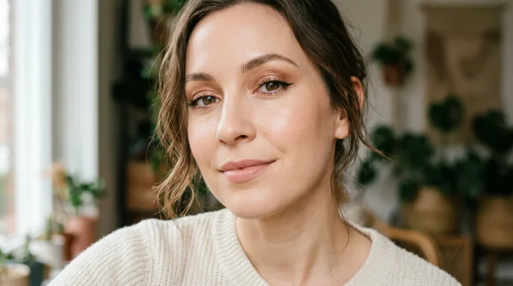 Woman with bronze eyeshadow and small kitten liner in soft daylight close-up
