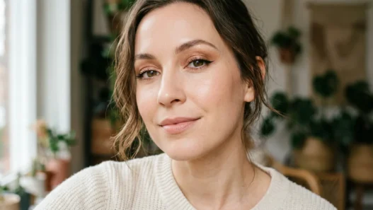 Woman with bronze eyeshadow and small kitten liner in soft daylight close-up