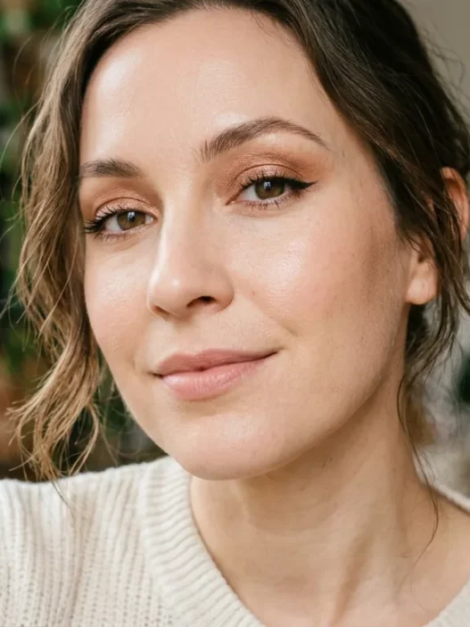 Woman with bronze eyeshadow and small kitten liner in soft daylight close-up
