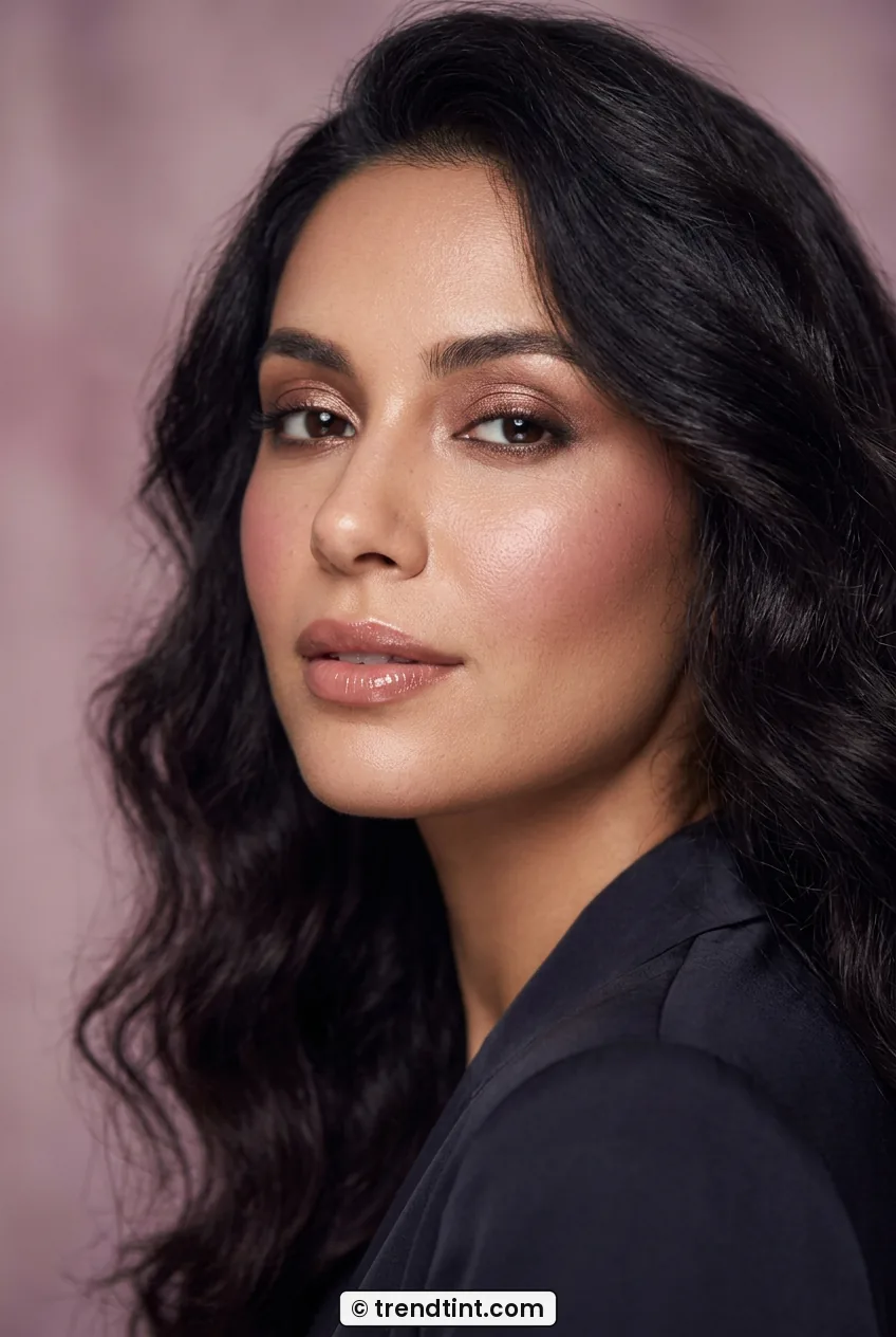 Woman with bronze shimmery eyes and glossy nude-rose lips at night
