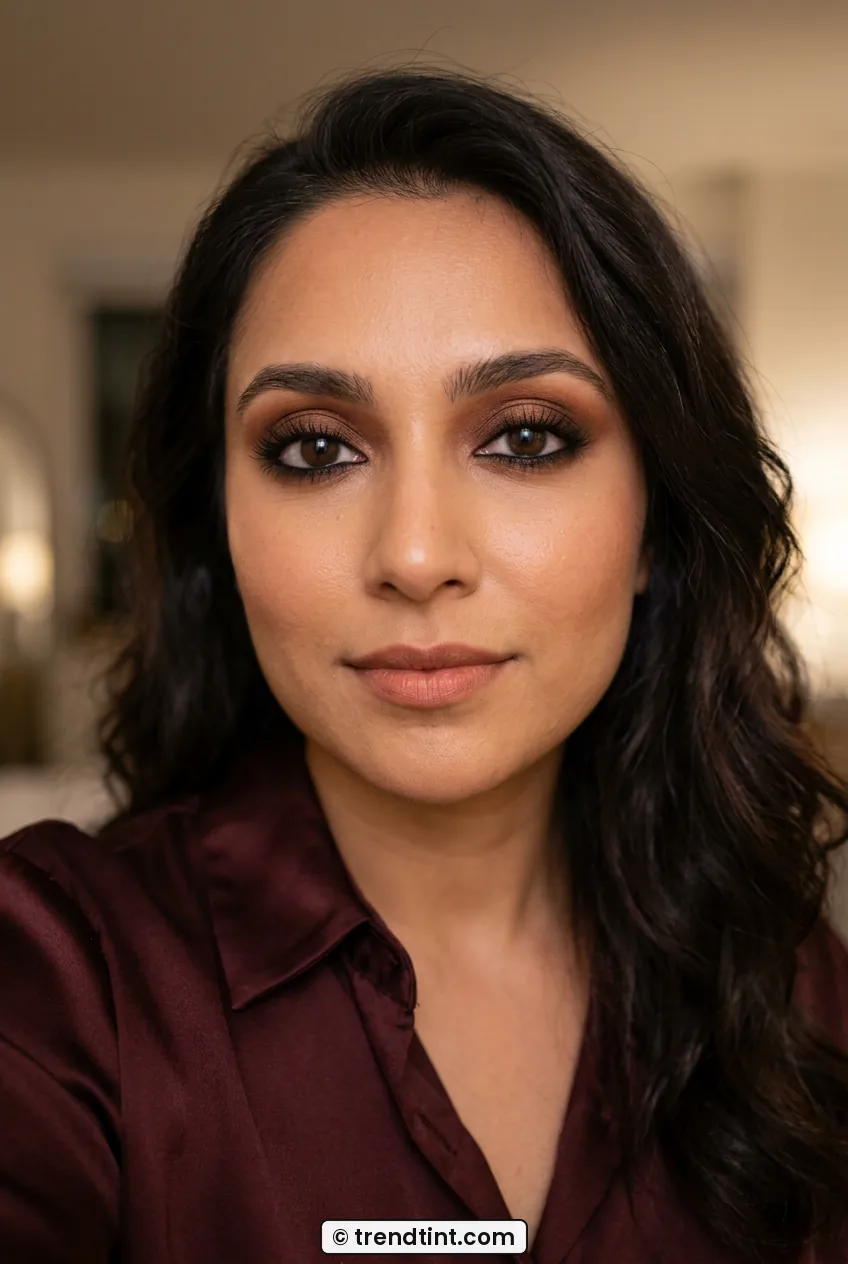 Woman with warm bronze smokey eye and tightlined lashes close-up