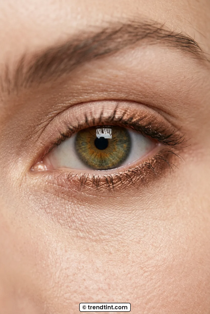 Woman hazel eye close-up with smudged bronze pencil on lower lash line