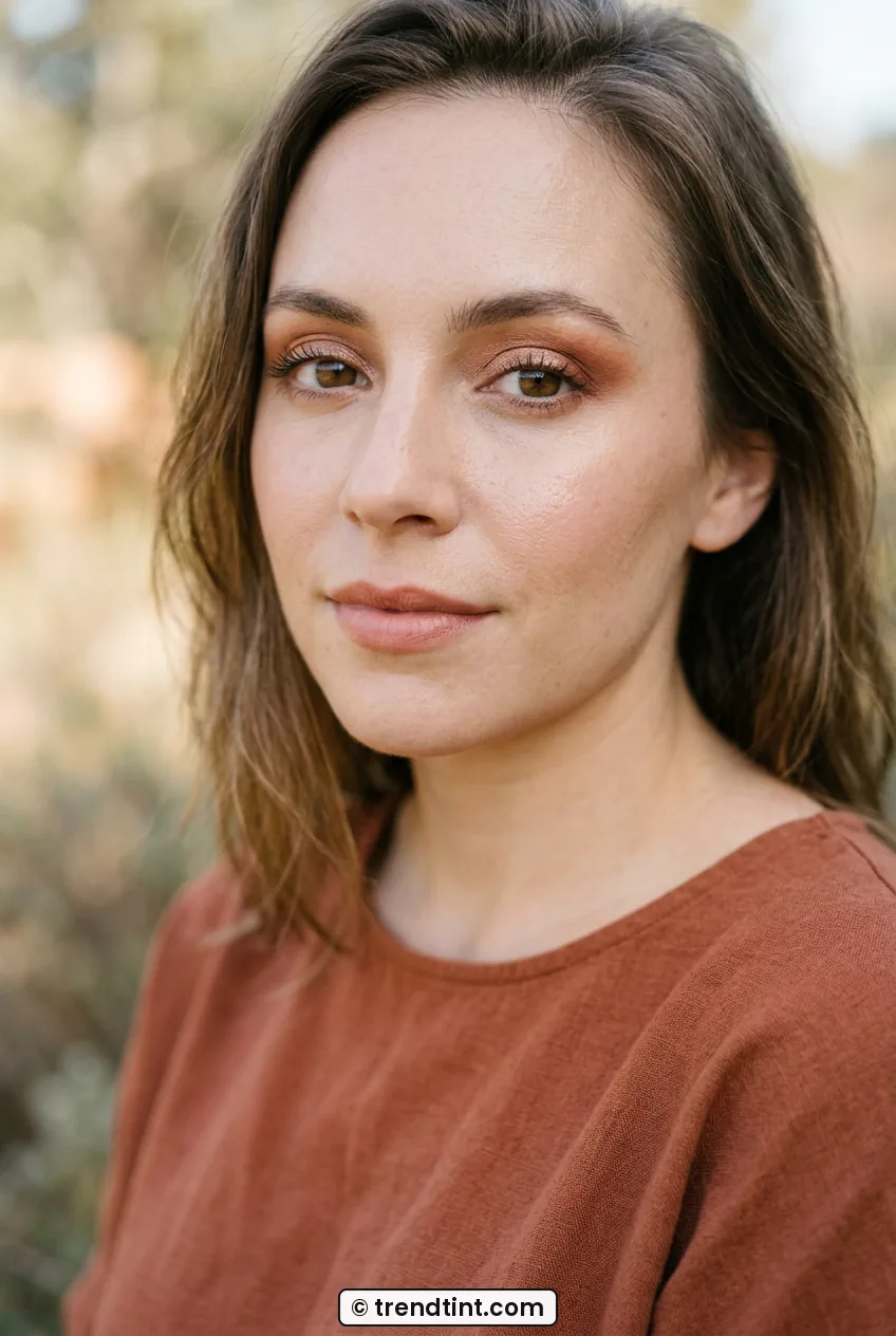 Woman with brown eyes wearing bronze shimmer and warm outer corner depth