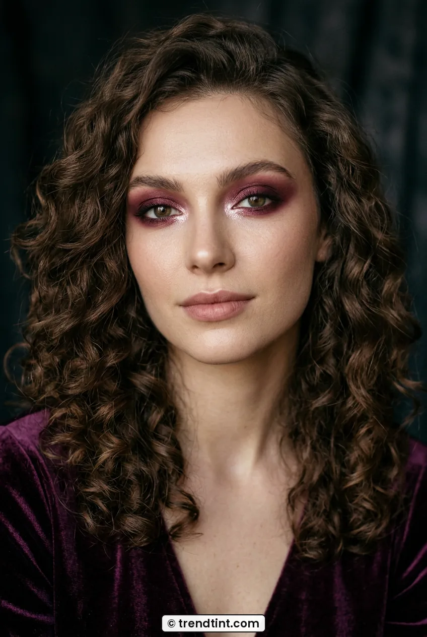 Woman with romantic curls wearing burgundy rose eyeshadow with bright inner corners