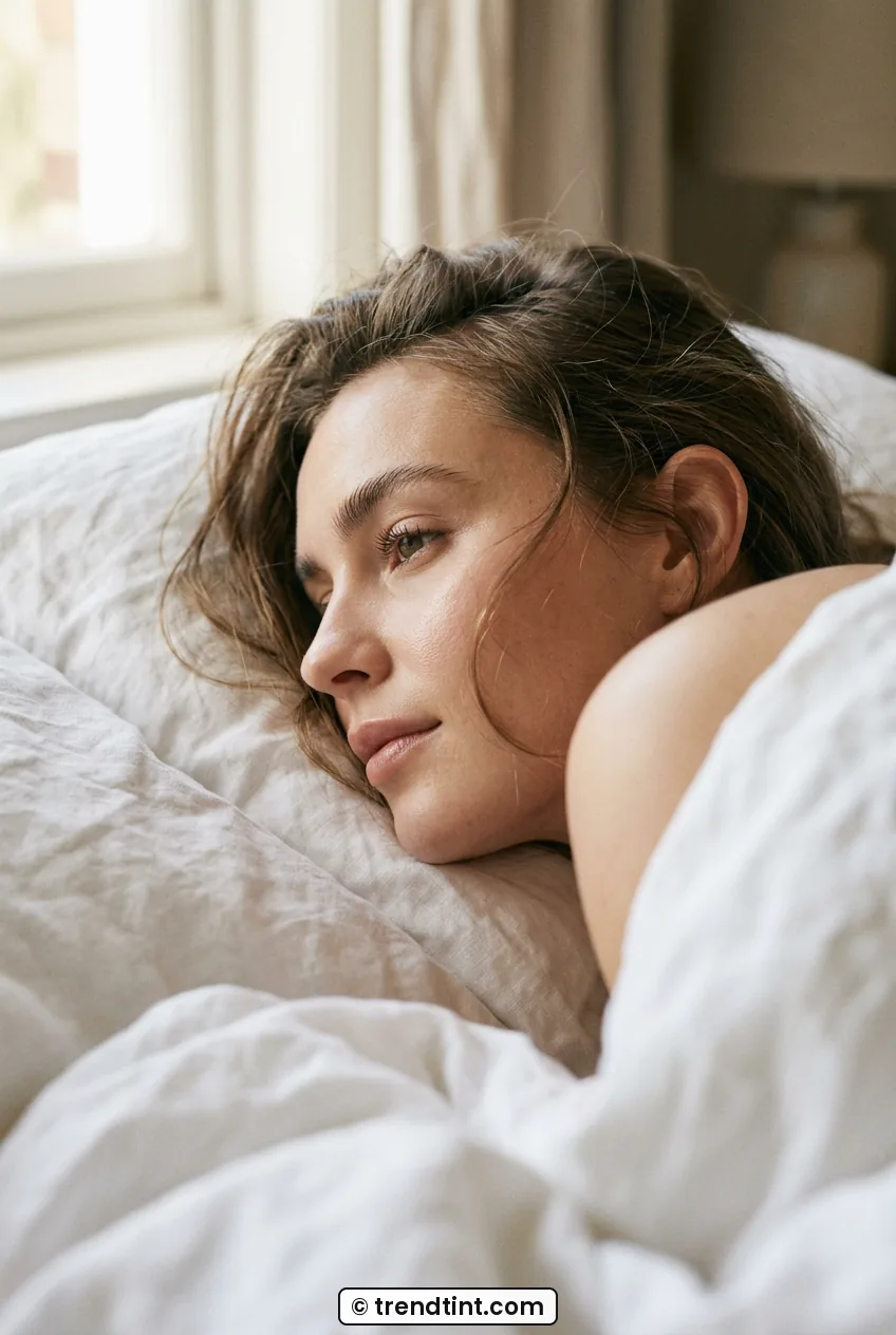 Side profile of woman with fluffy brows and balm lips glowing in morning window light