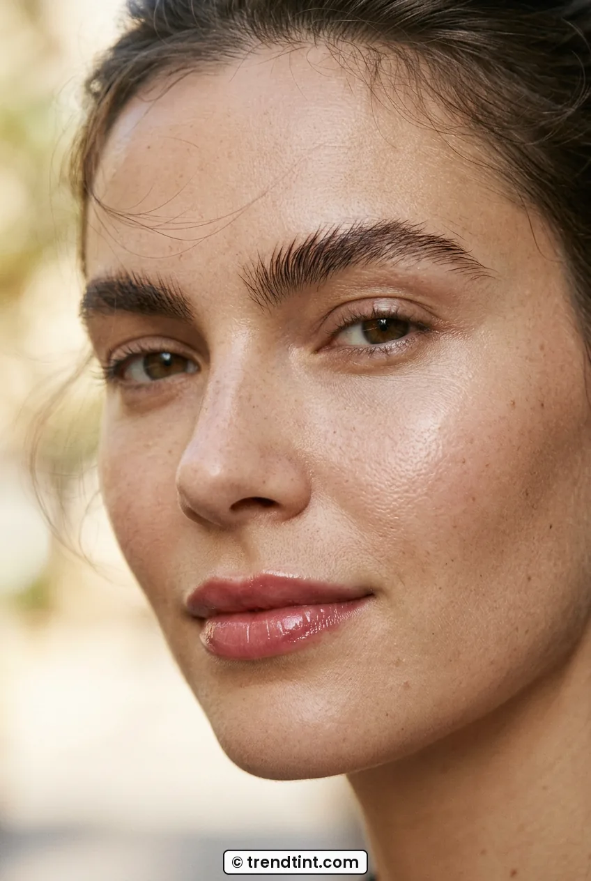 Woman with brushed-up brows and rosy tinted lip oil looking fresh