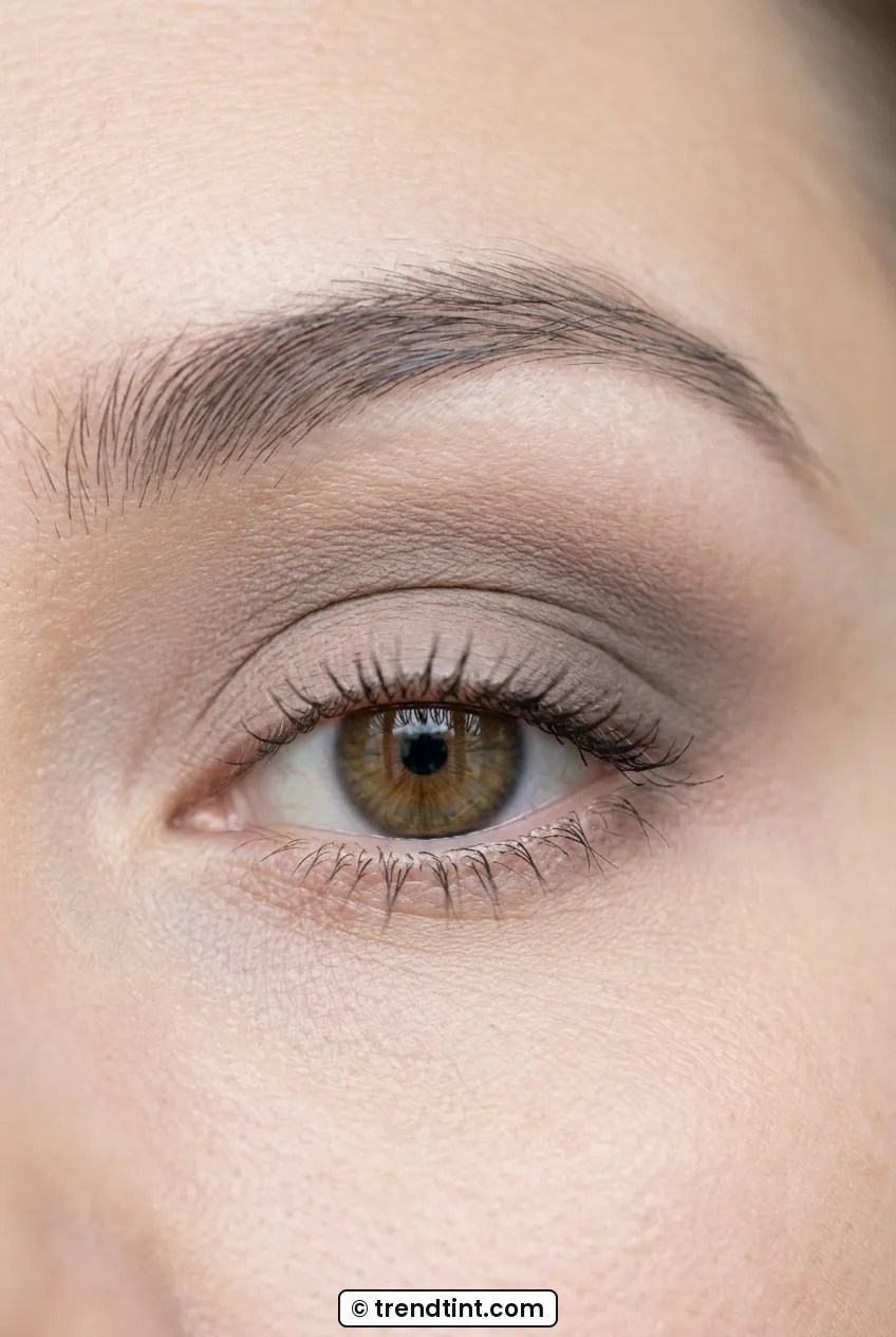 Close-up of woman eye with soft taupe shadow blended highest in center crease