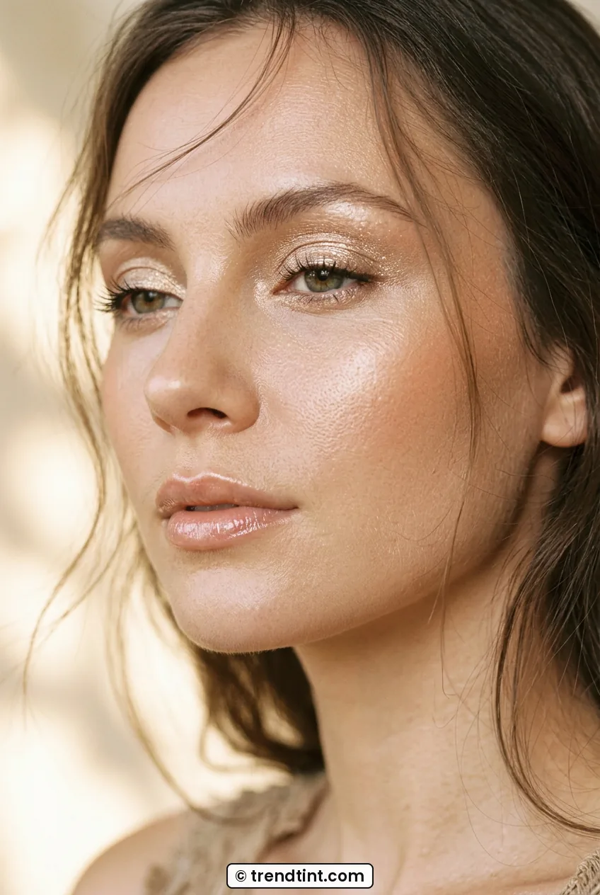 Woman with champagne eyeshadow and dewy glowing skin and glossy nude lips