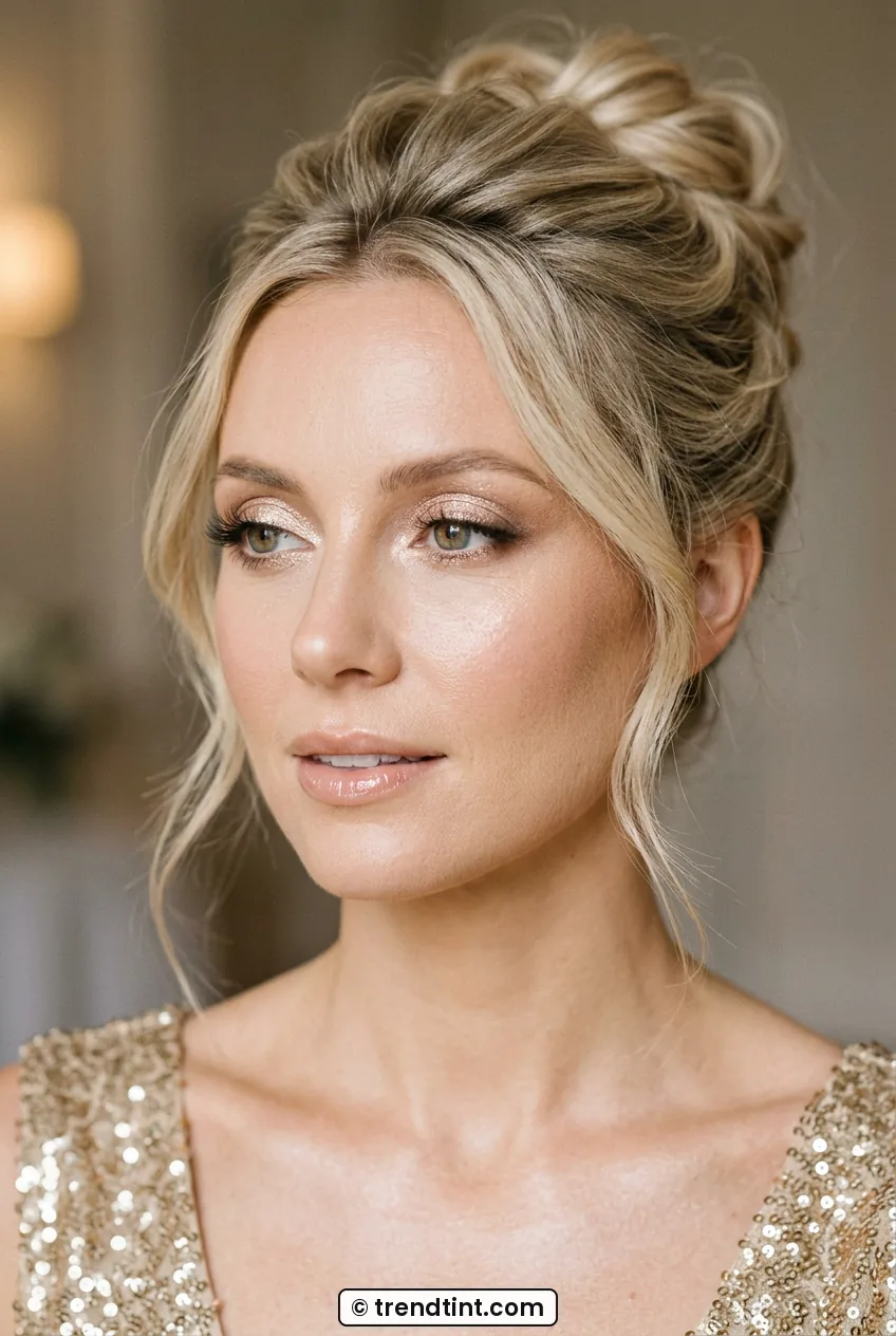 Woman with champagne shimmer eye makeup and glossy lips in gold dress
