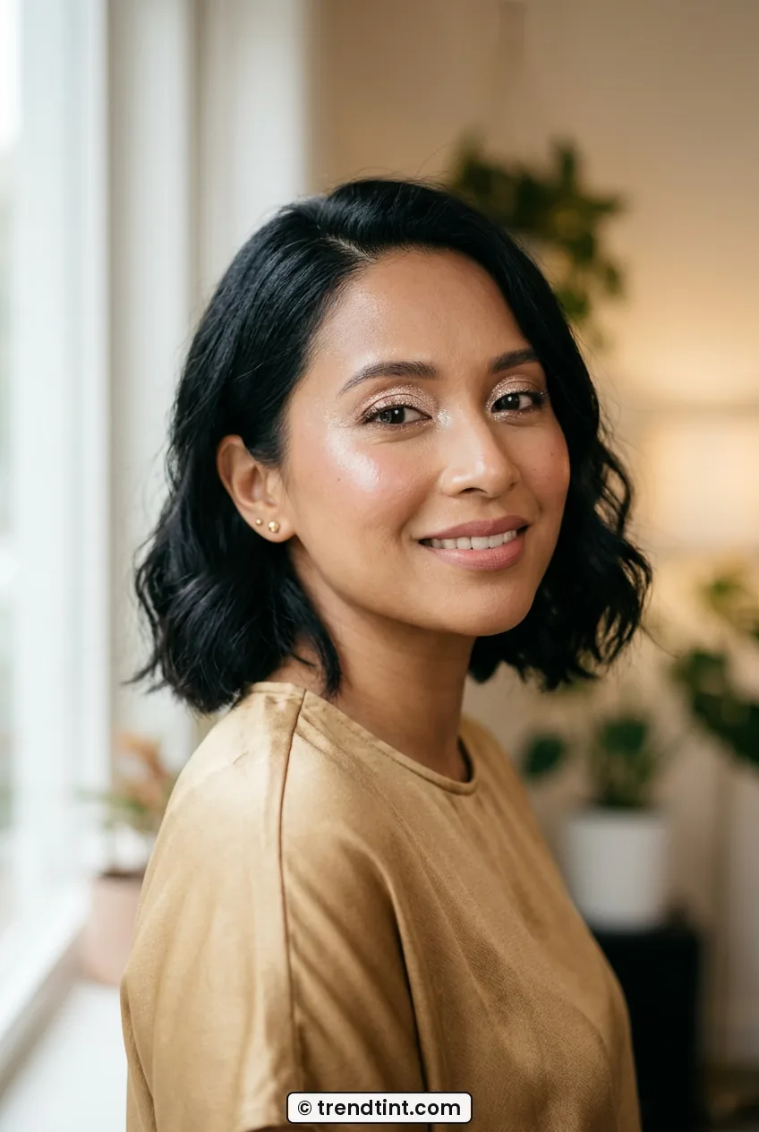 Woman with champagne shimmer eyeshadow and dewy skin wearing gold top in warm glow