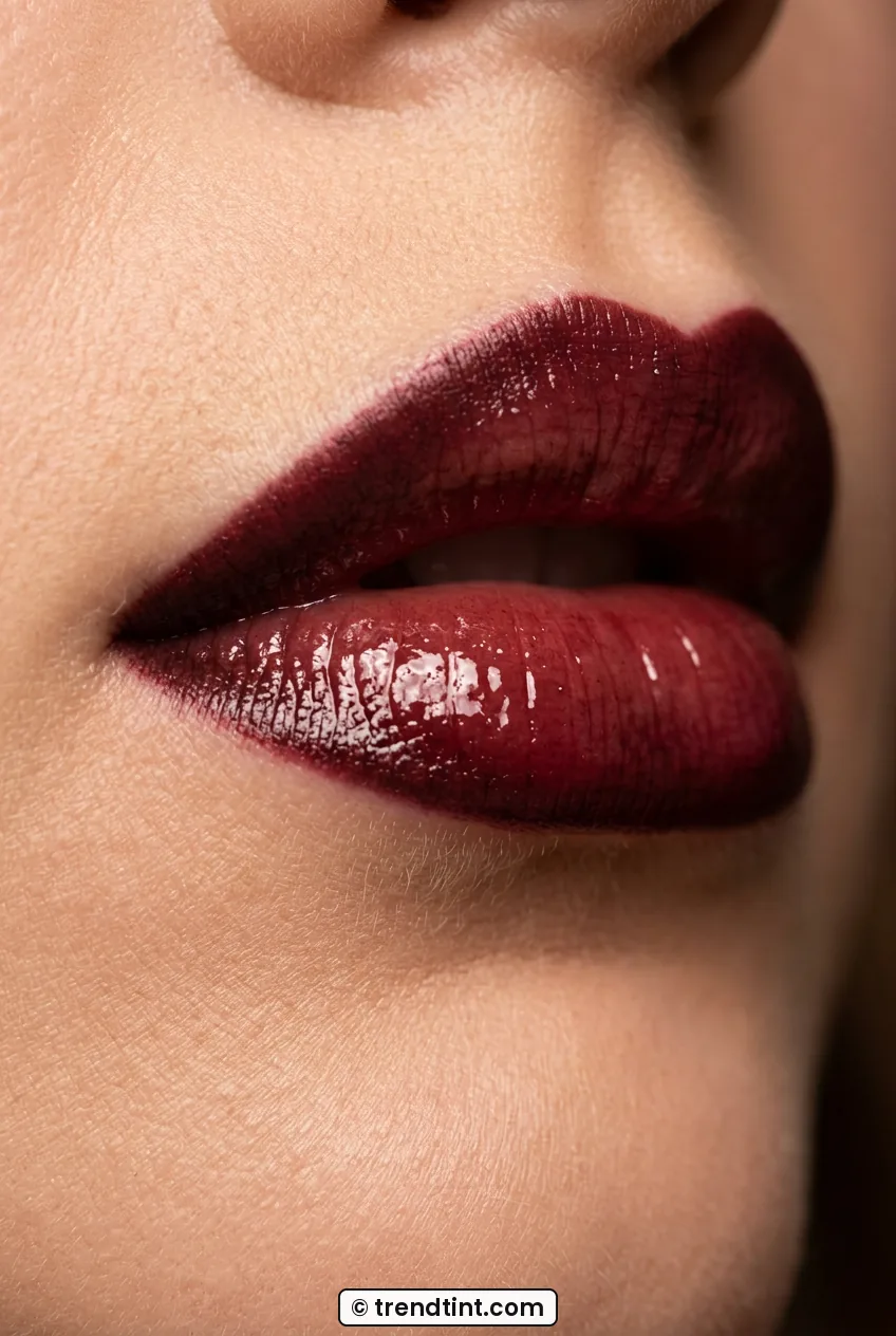 Side view of woman lips wearing cherry cola gloss with deep wine edges