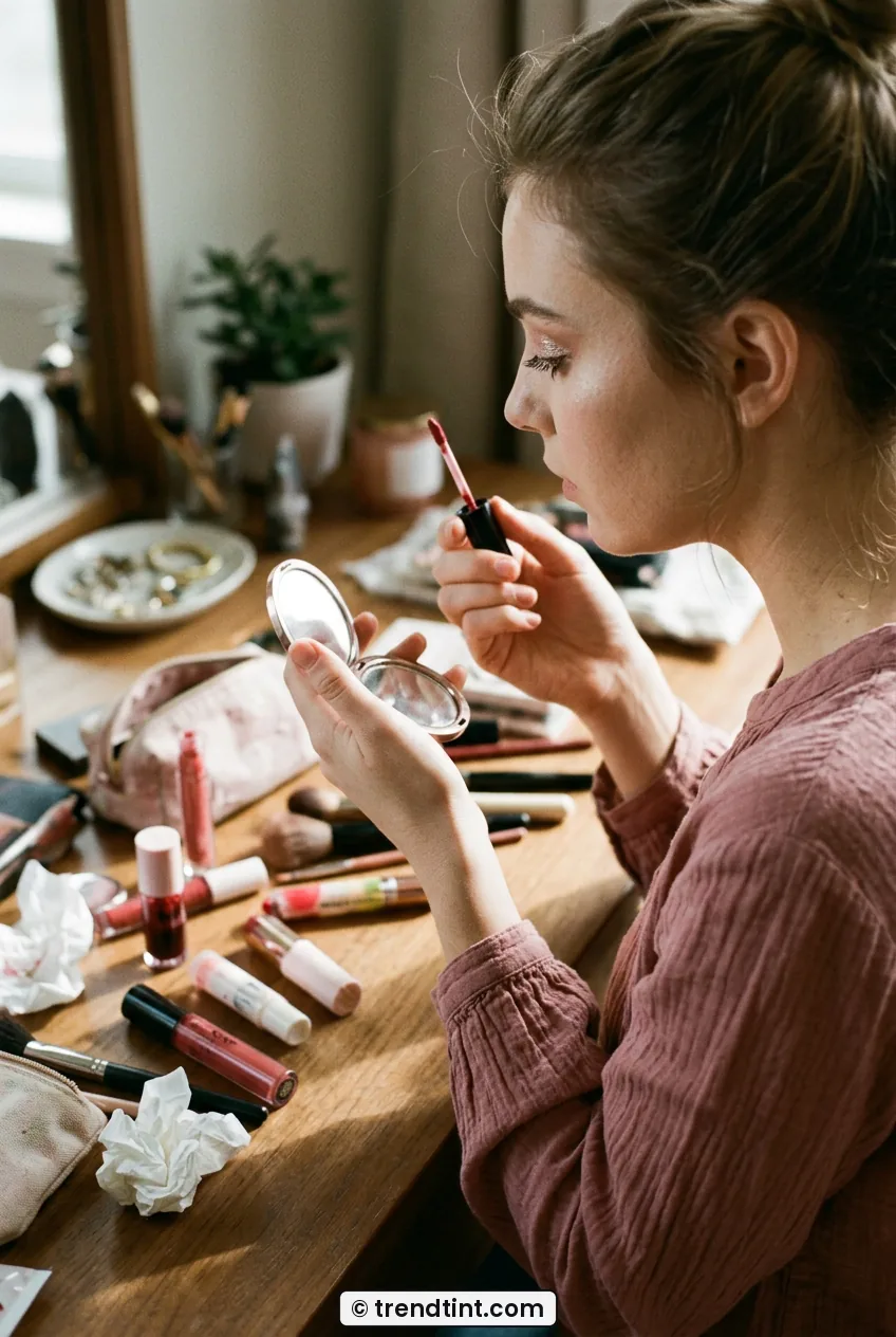 Over shoulder view of woman holding lip stain and mirror at makeup vanity