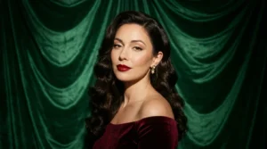 Woman with classic red lips and vintage waves against emerald velvet backdrop in side light