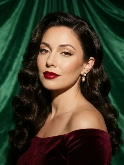 Woman with classic red lips and vintage waves against emerald velvet backdrop in side light