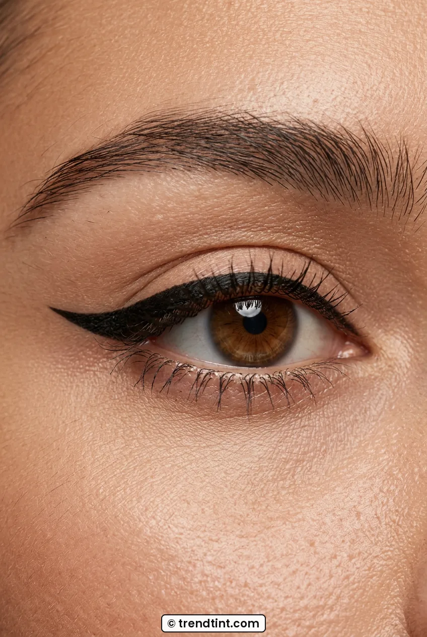 Woman eye close-up showing satin black winged eyeliner with tapered flick