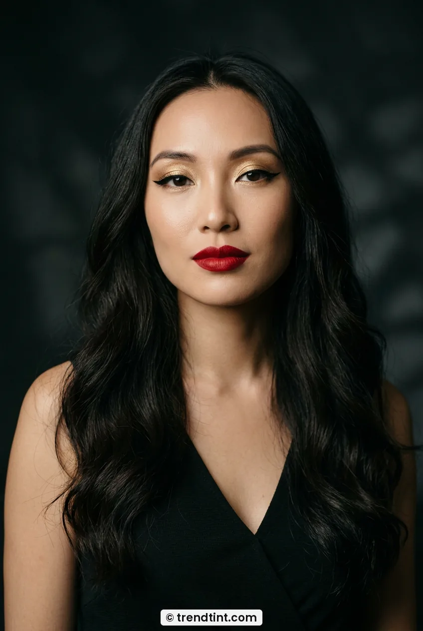Woman with gold eyeshadow and classic red lipstick wearing black dress look