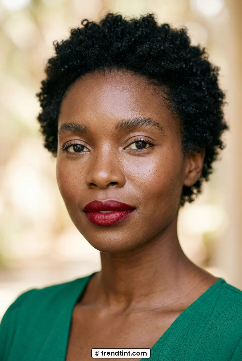Woman with classic red lipstick and fresh dewy skin with minimal eye makeup front view