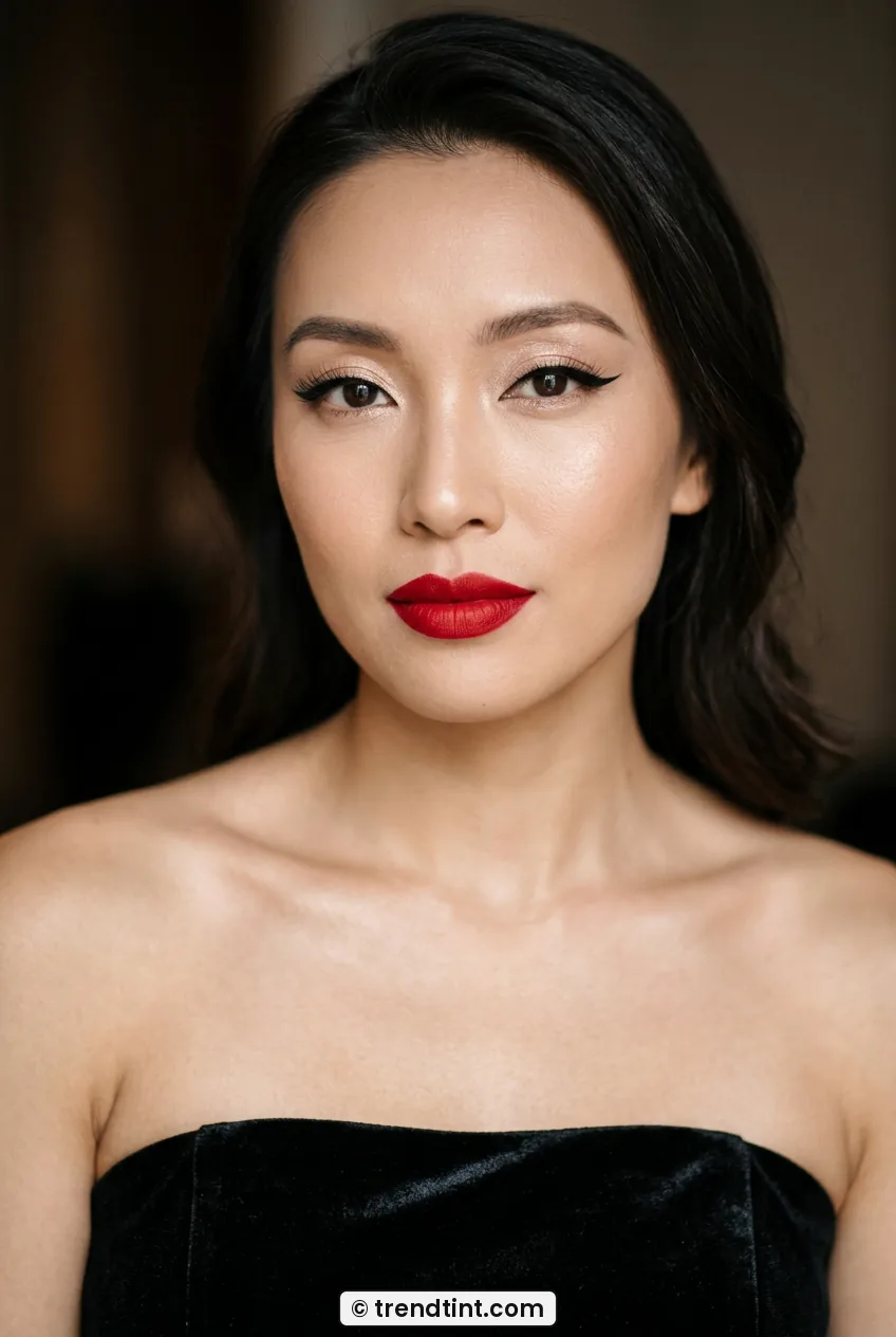 Woman with classic red lip and black winged liner close portrait