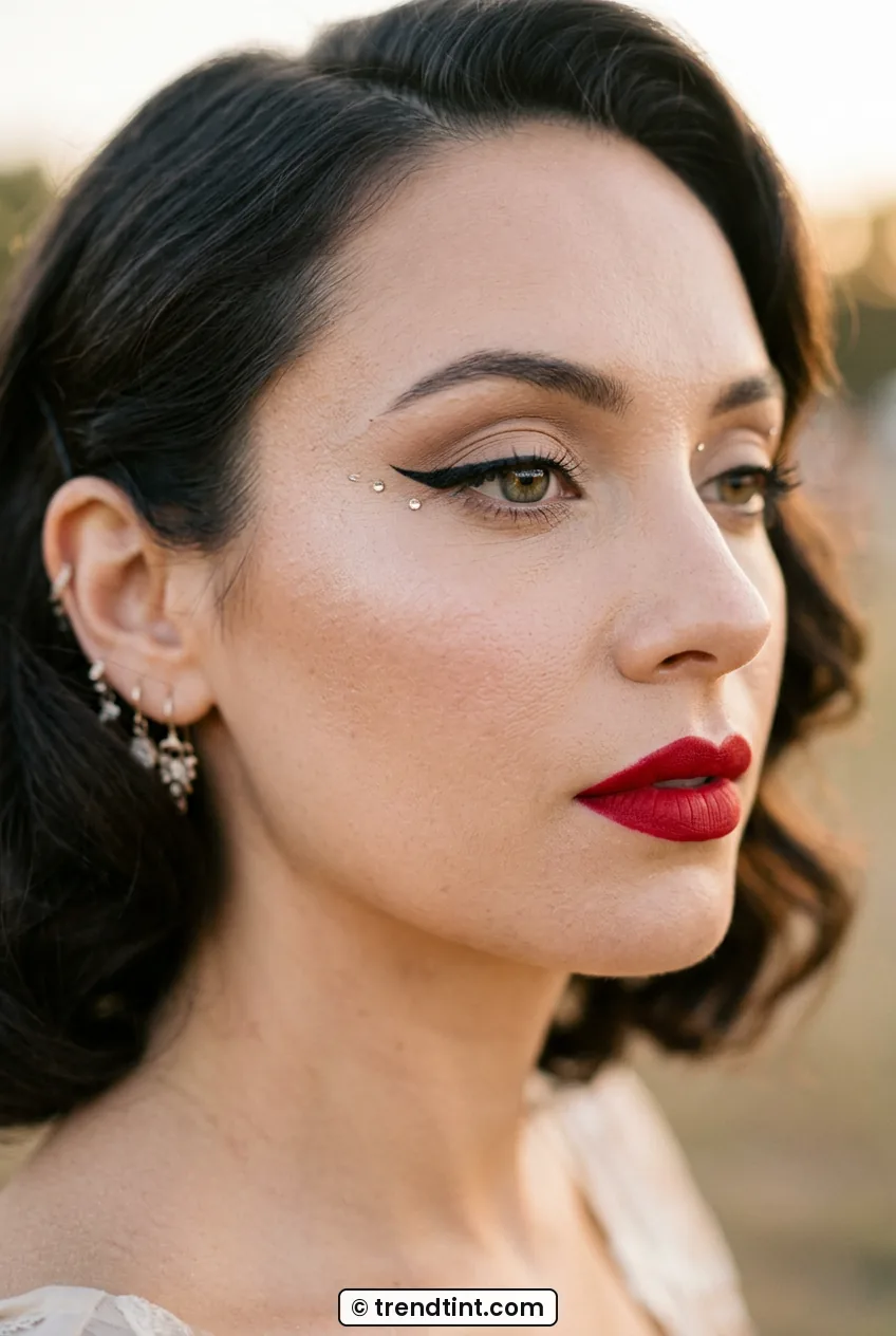 Woman with classic red lipstick and sharp black winged eyeliner in side profile