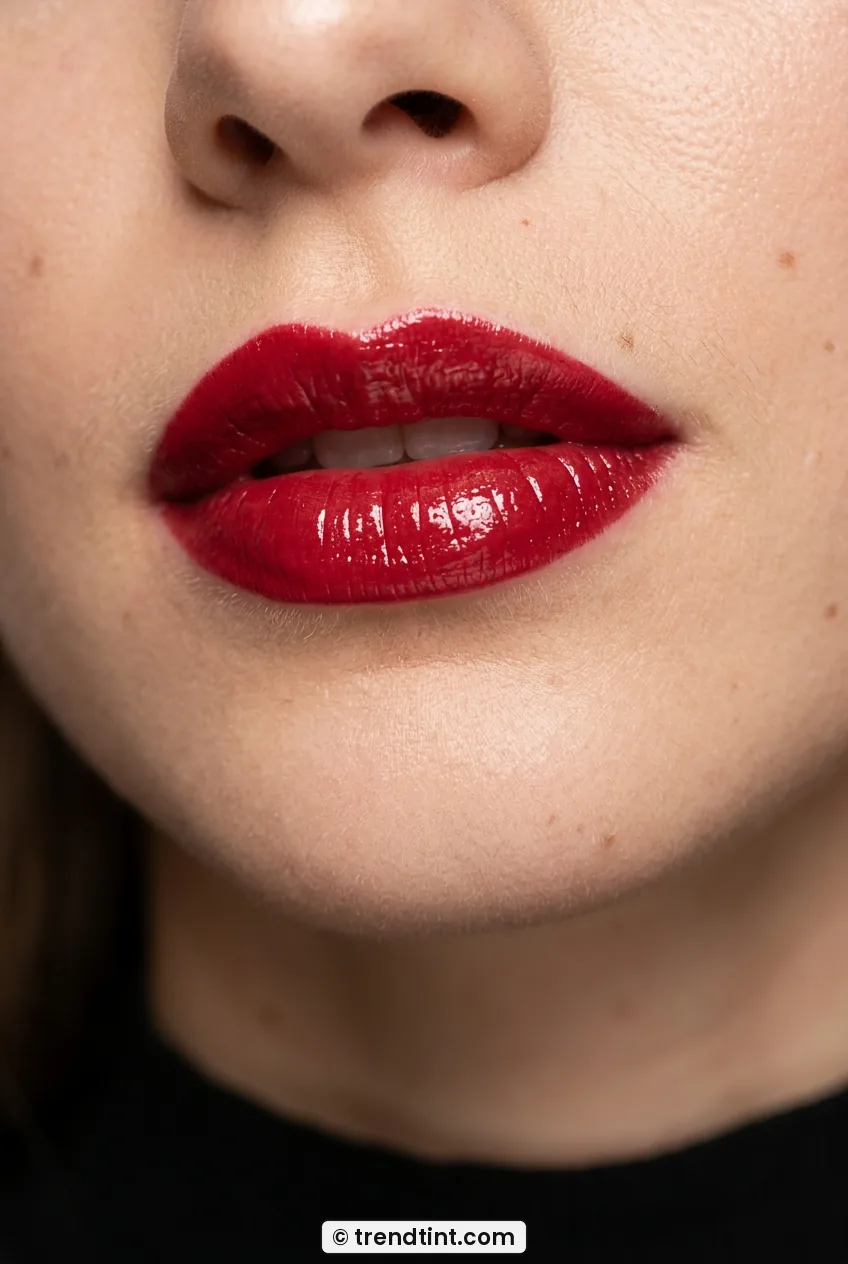 Close-up of woman with classic blue-red vinyl gloss with clean edge