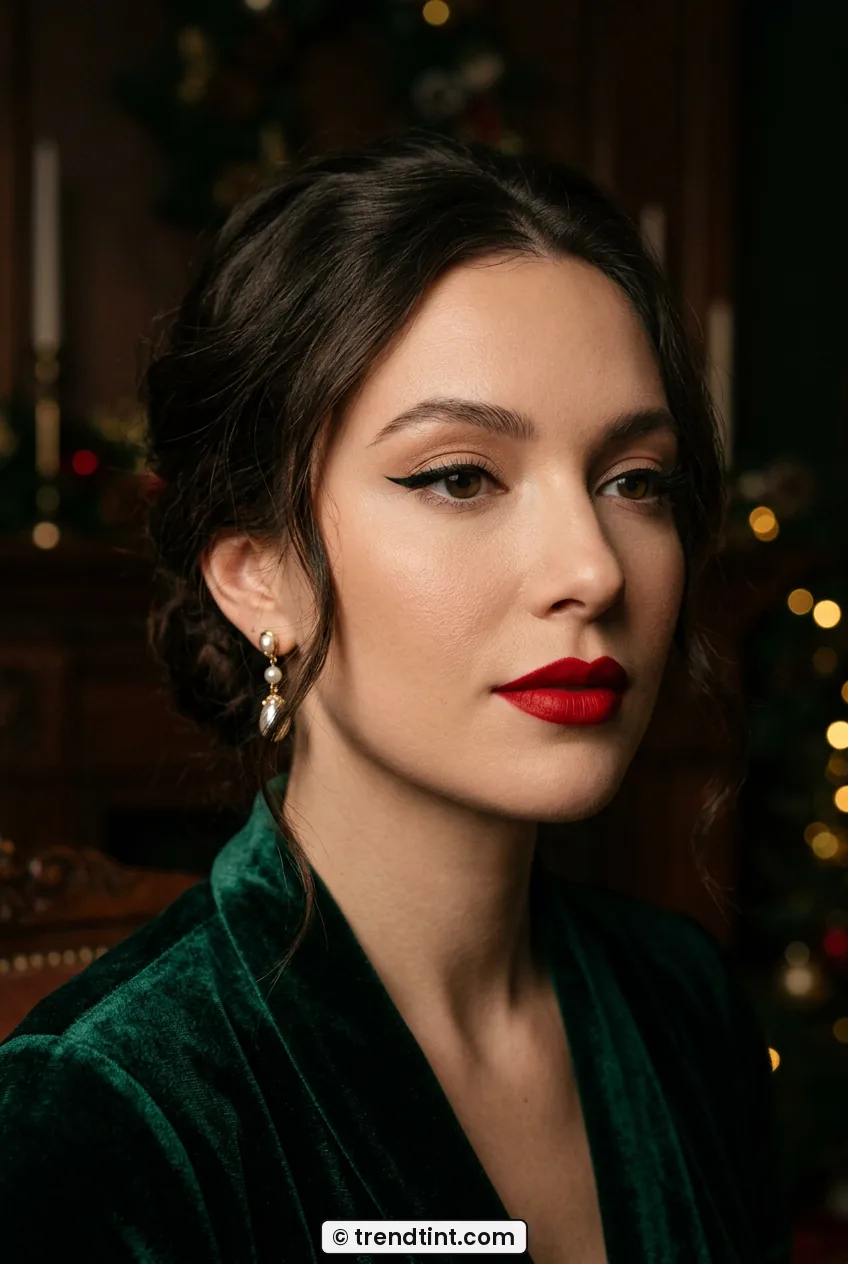 Woman with velvet skin and sharp winged liner with red lip