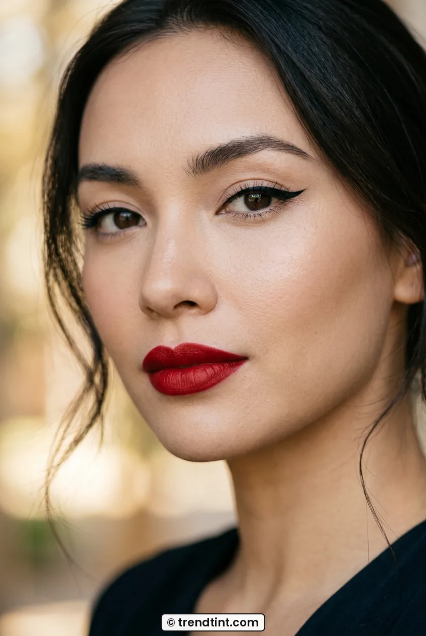 Woman with bold red lip and sharp black winged eyeliner in close-up