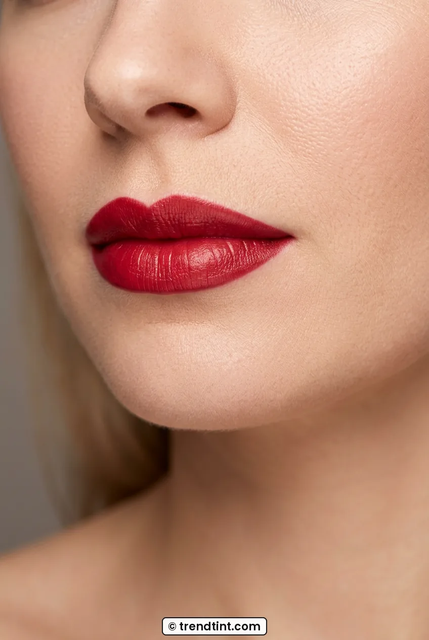 Close-up of woman lips wearing satin red lipstick with crisp defined edges