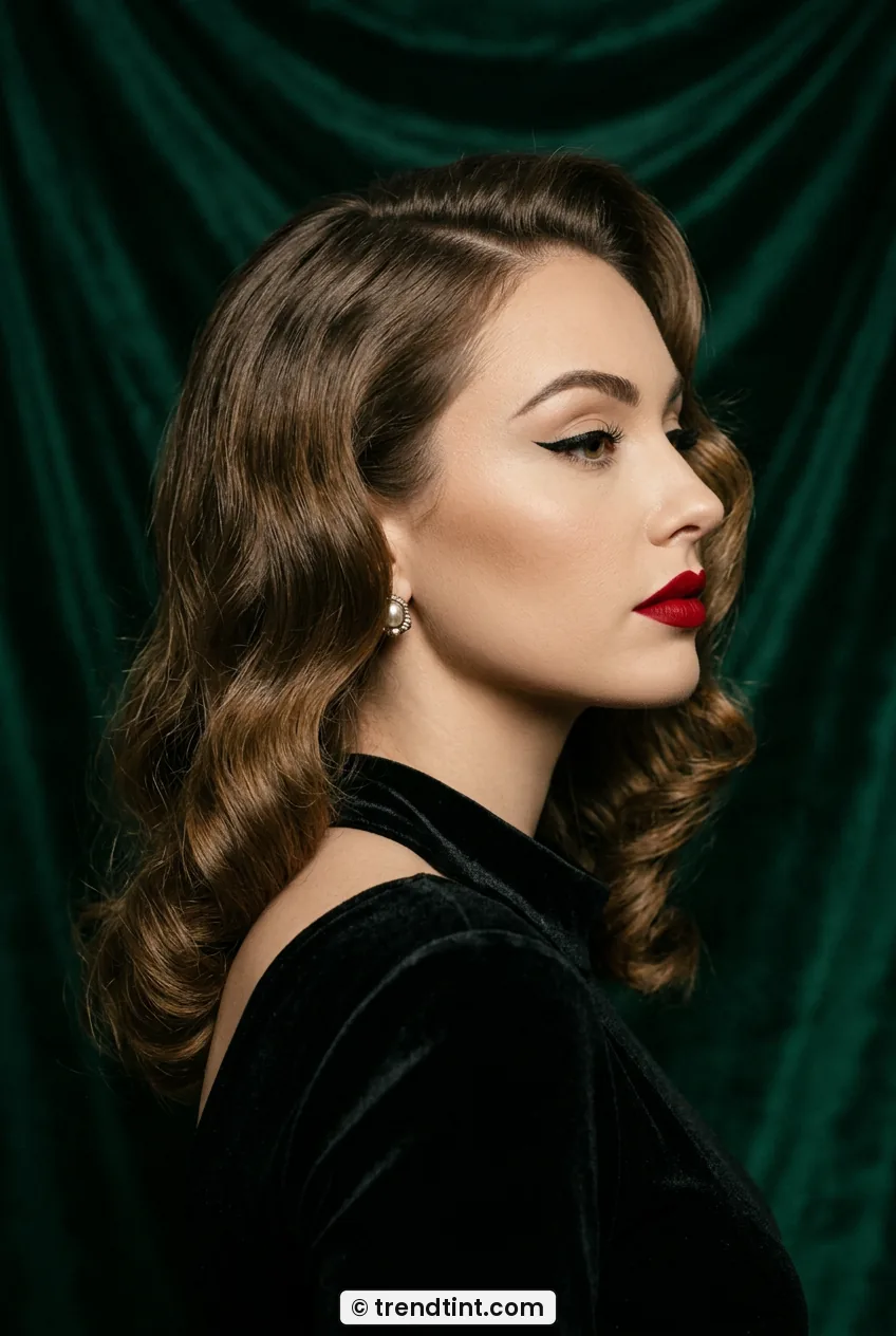 Side profile of woman with sharp black winged liner and red lips in velvet dress