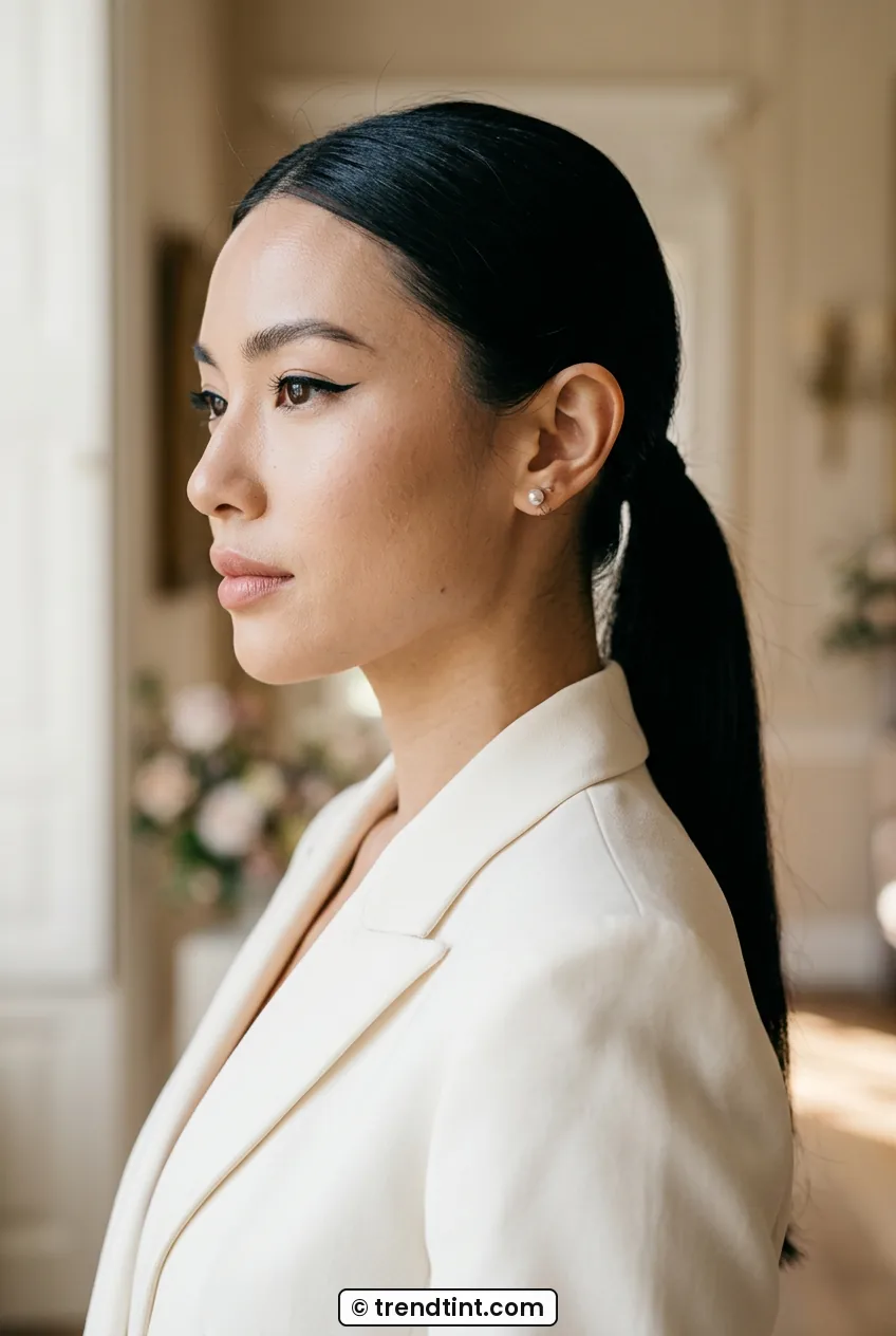 Woman with classic black winged eyeliner shown in side profile with sleek ponytail