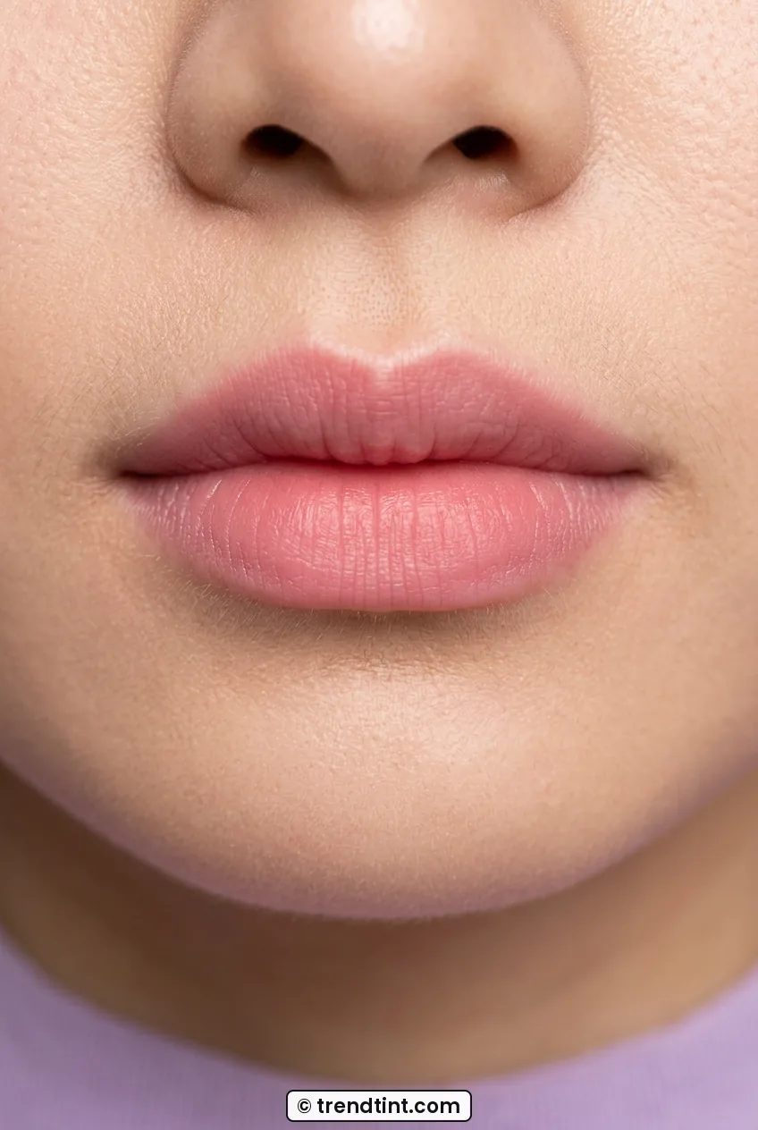 Close-up of woman showing clean blurred outer lip edge after blending