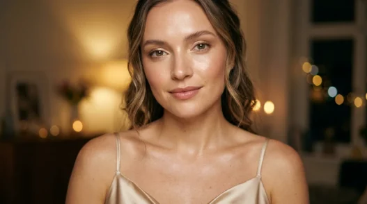 Woman with dewy satin skin and soft brown mascara in champagne top