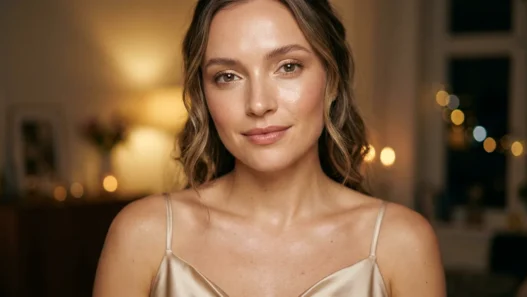 Woman with dewy satin skin and soft brown mascara in champagne top