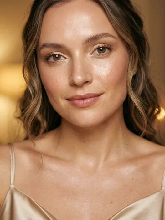 Woman with dewy satin skin and soft brown mascara in champagne top