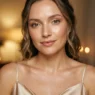 Woman with dewy satin skin and soft brown mascara in champagne top