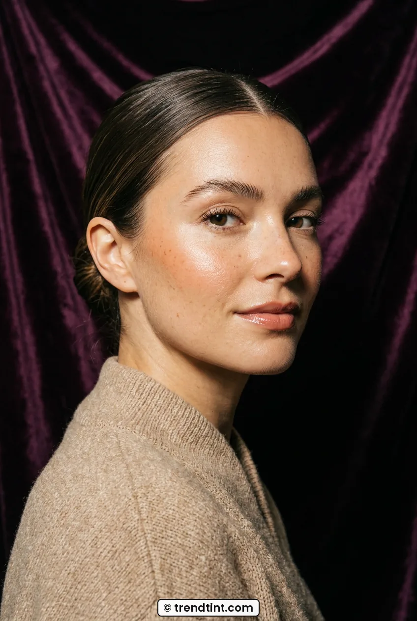 Woman with sheer skin and peachy cream blush and slicked bun in soft side light