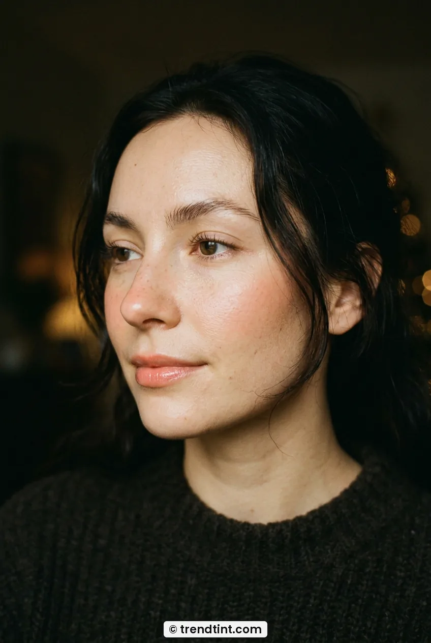 Woman with minimalist dewy makeup and peachy blush in close portrait