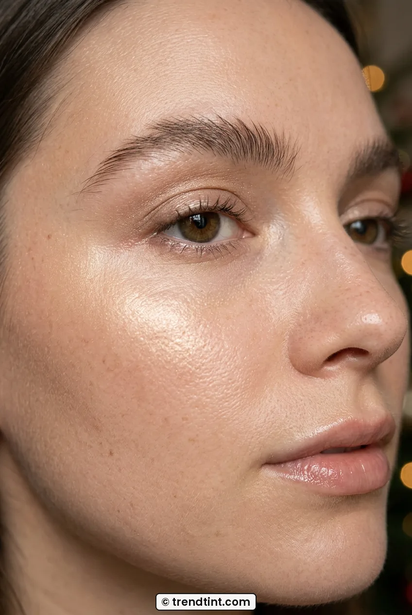 Woman with clean minimalist dewy makeup showing fluffy brows and sheer nude lips