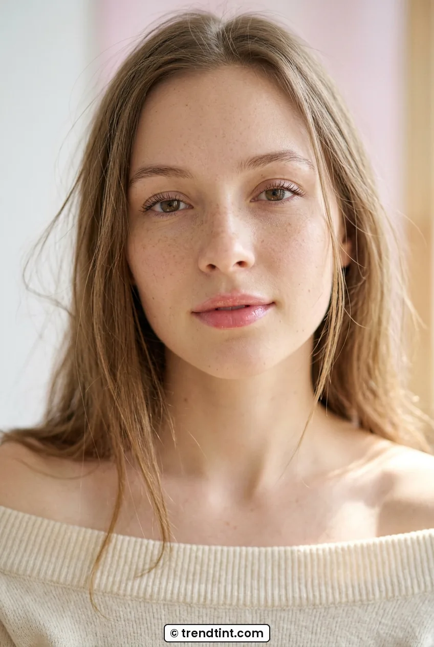 Woman with clean no-makeup look showing curled lashes and dewy skin