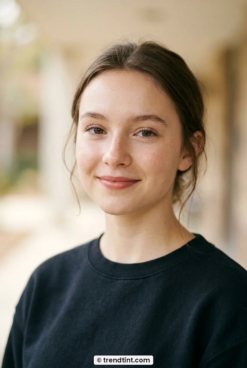Young woman with clear mascara and light skin tint smiling softly