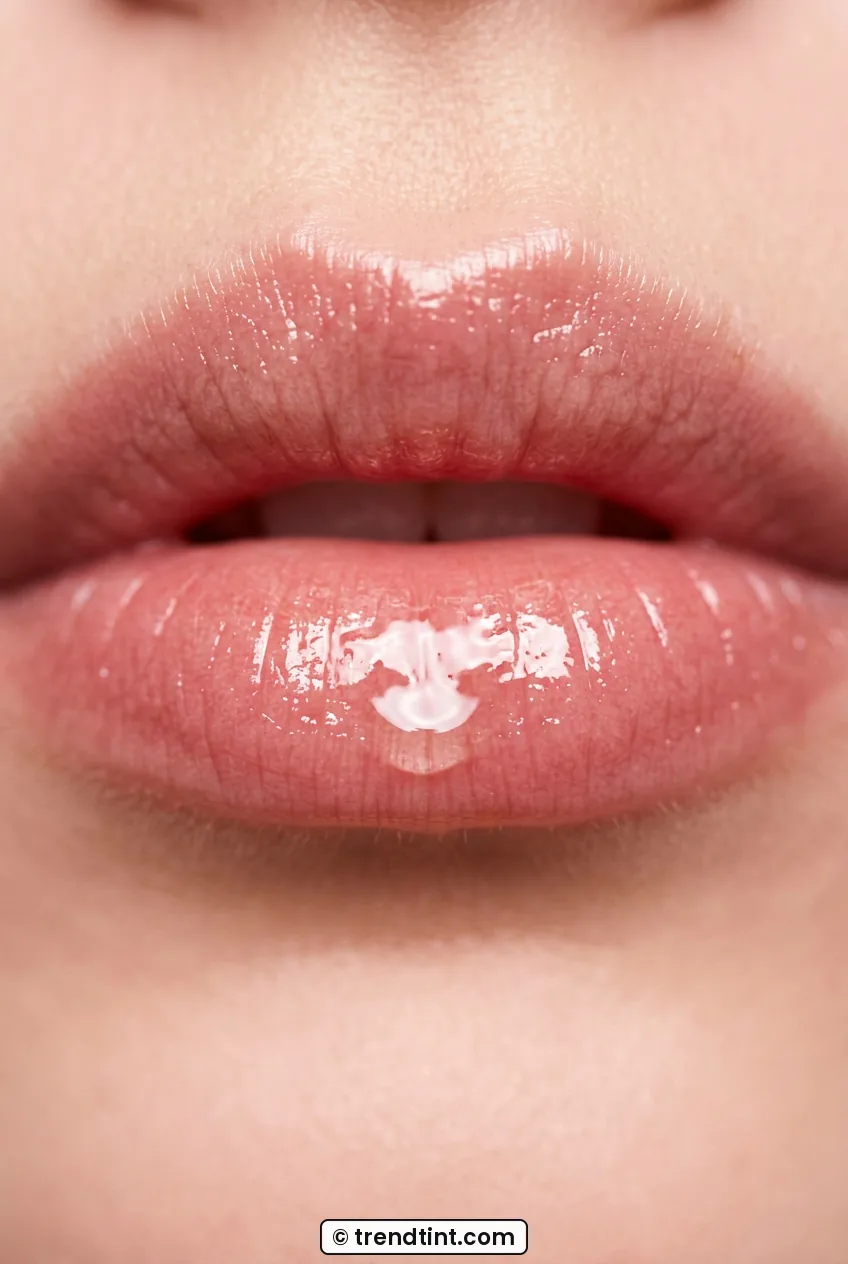 Front macro of woman with clear balm shine centered on lower lip