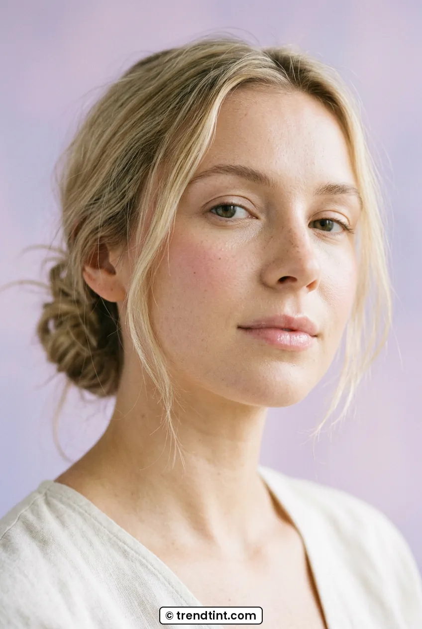 Woman with sheer glowing base and minimal pink blush in close portrait