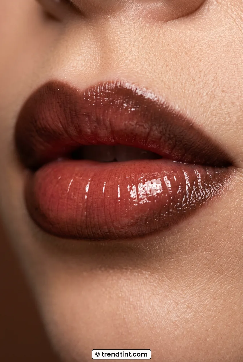 Ultra close-up of woman lips wearing cocoa liner with cherry gloss center