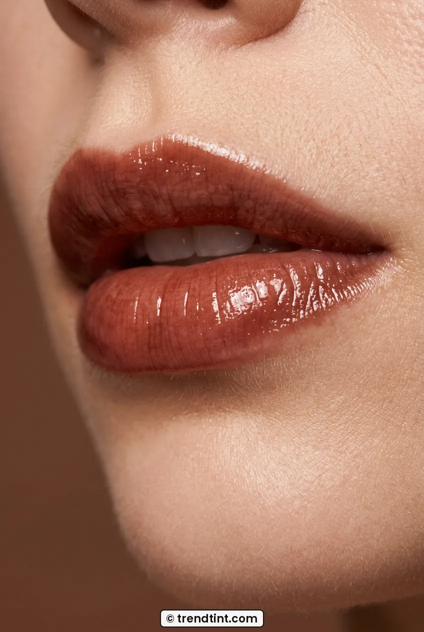 Three quarter view of woman wearing sheer brown red balm with glossy depth