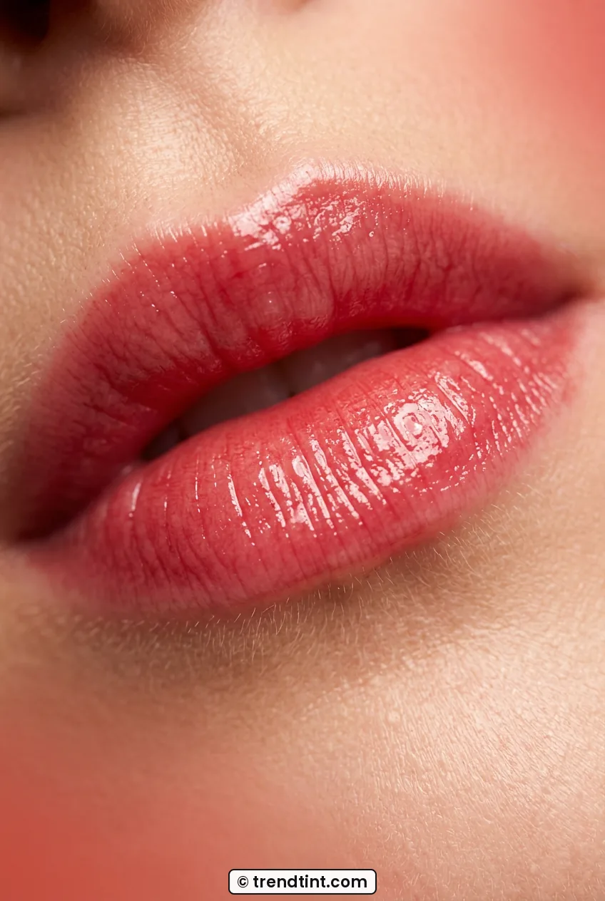 Close macro of woman wearing cool cherry sheer balm with fresh glossy wash